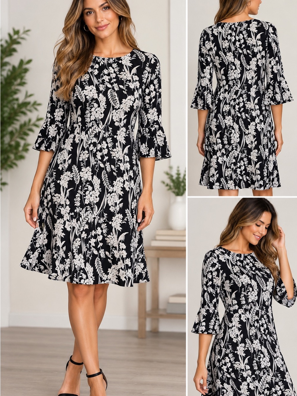Glamour Black & White Floral Midi Swing Dress